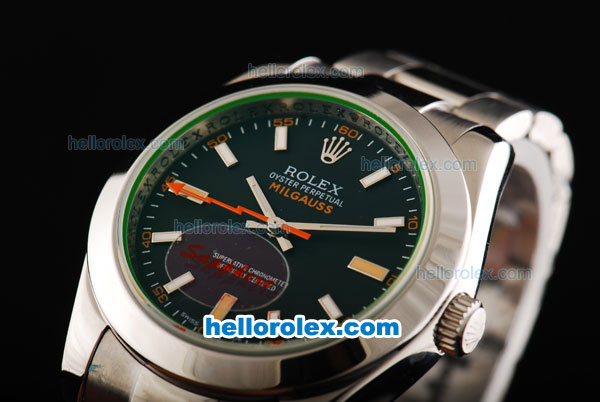 Rolex Milgauss Oyster Perpetual Full Steel with Black Dial and Orange Second Hand-Green Glass - Click Image to Close